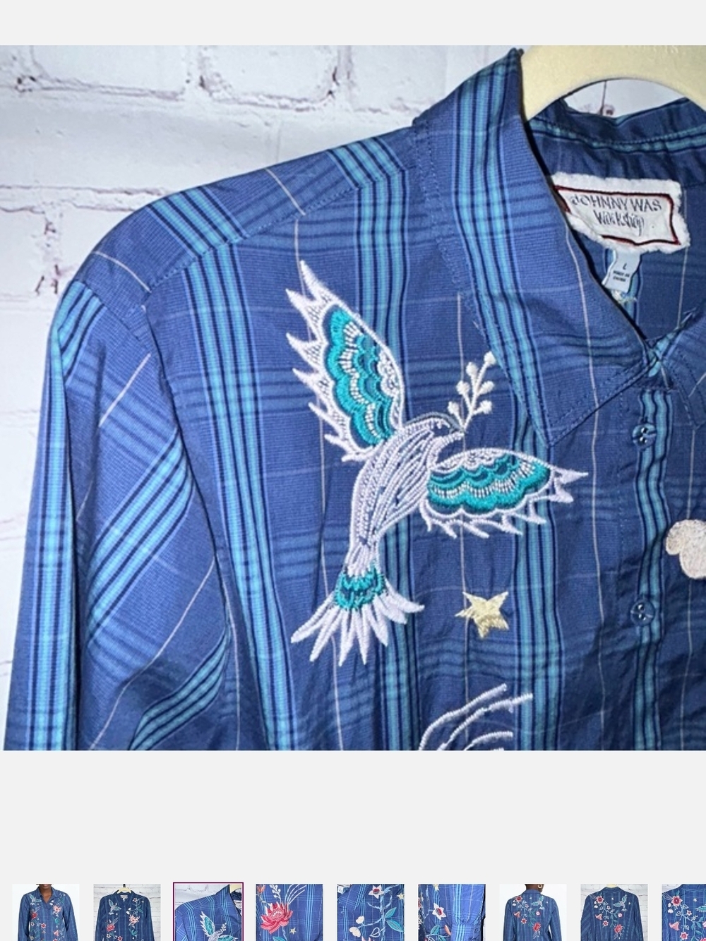 Johnny Was Blue Plaid Floral Embroidered Button-Up - Picture 6 of 6